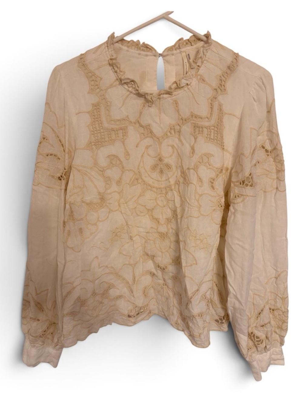 Anthropologie Vintage Embroidered Blouse XS Ivory Cream Boho Floral Lace